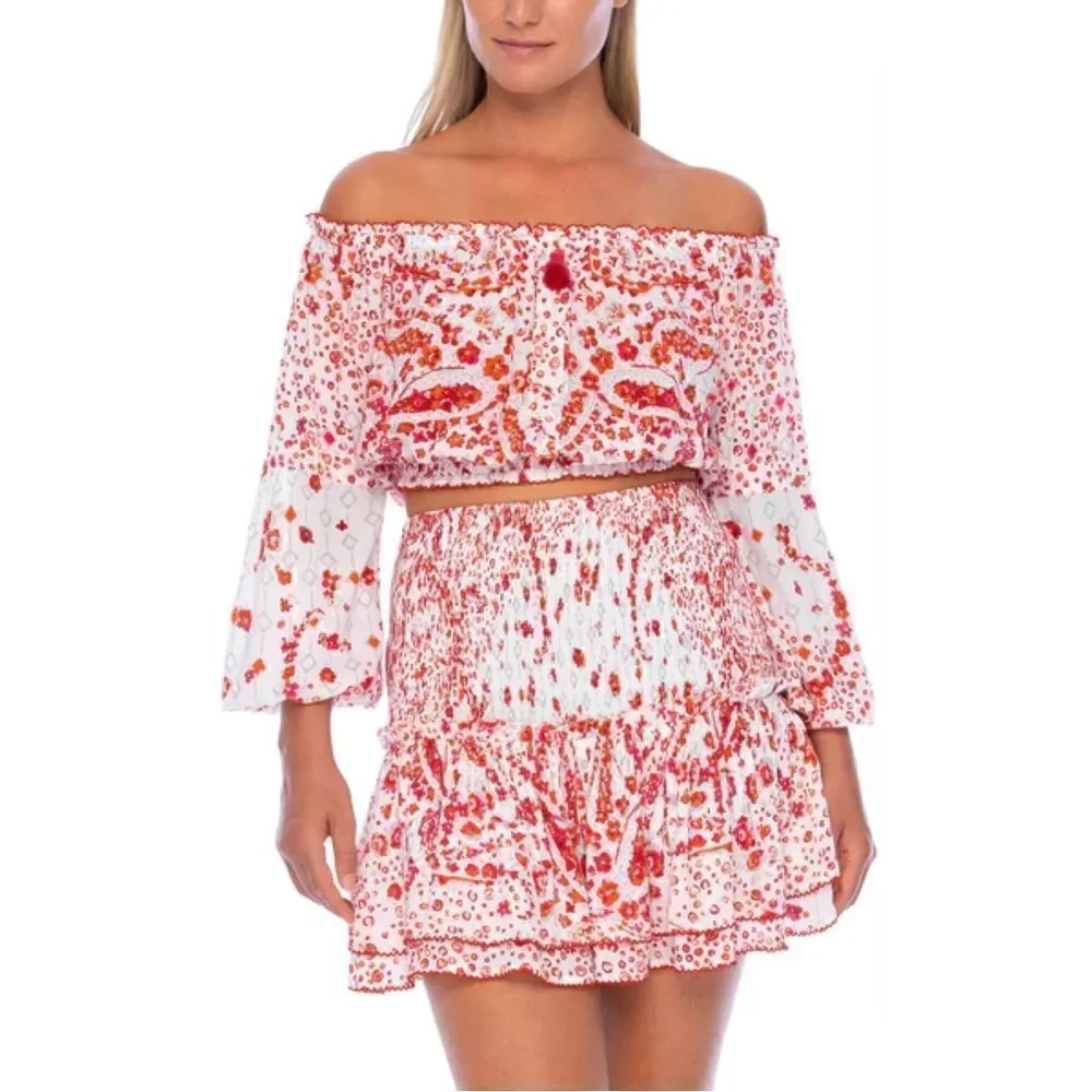Poupette St. Barth Rachel Georgette Paisley Long Sleeve Crop Blouse Sz M NWT